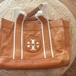 Tory Burch Brown and White Leather Tote